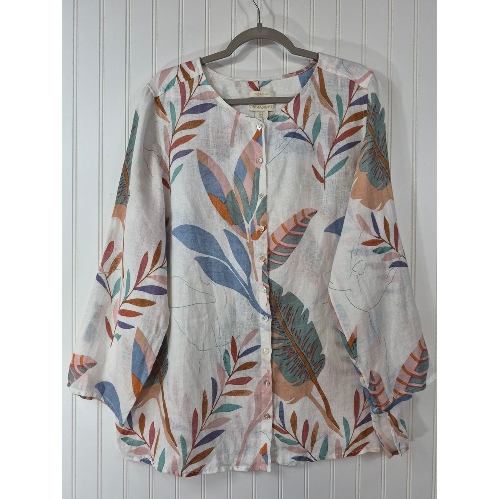 NWOT Rowley 100% Linen Tropical Leaf Print Button Down Blouse White 1X Vacation